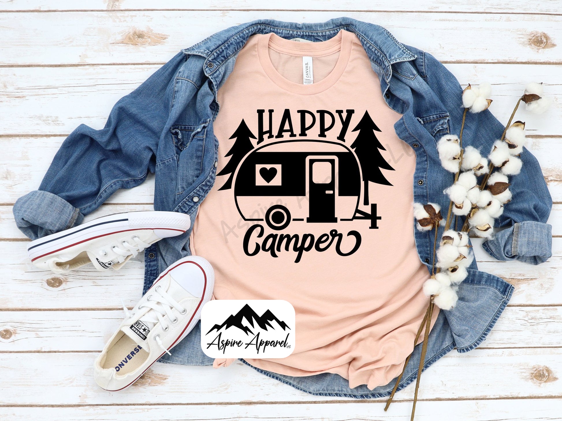Happy Camper Script wit Cute Camper and Trees